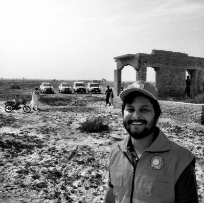 Black and white portrait at a field site in Sindh, 2014